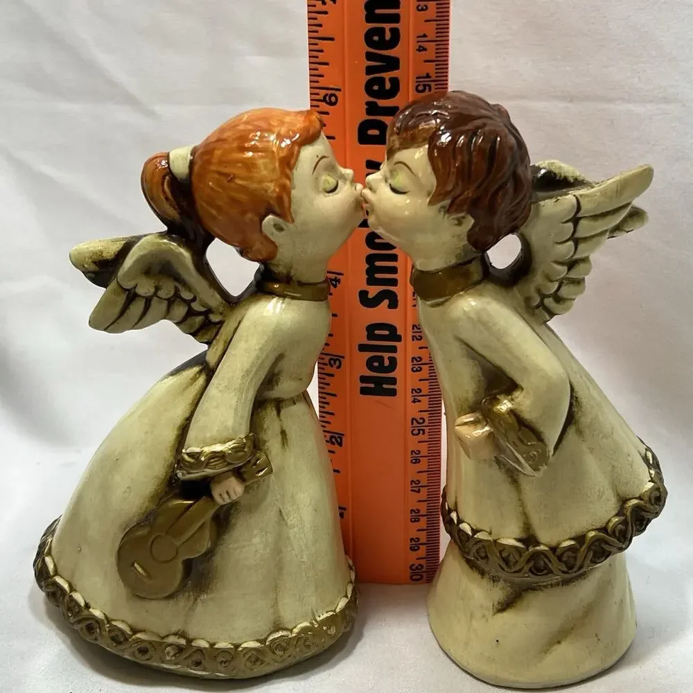 Vintage Mid Century Kissing Angels Choir Musicians Violin Christmas Set of 2